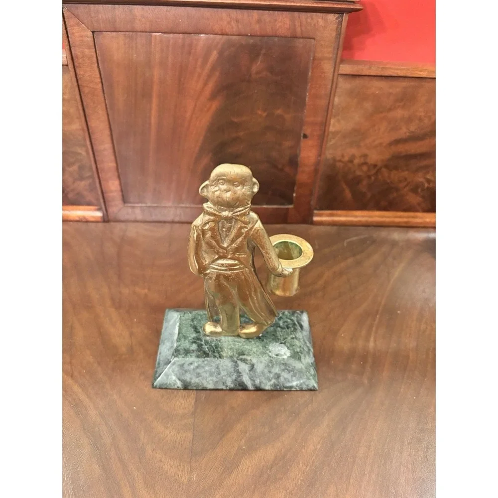 Vintage Brass Monkey Figural Candle‎ Holder Butler w/ Top Hat Marble Base 7